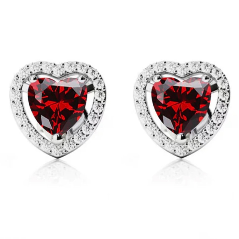 Garnet colored moissanite halo heart earrings NEW IN GIFT BOX